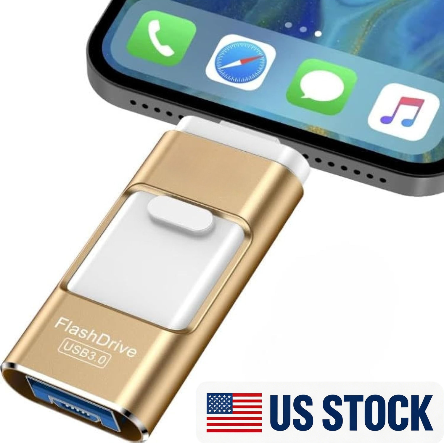 4 in 1 External USB Flash Drive for iPhone iPad Mac Gold PhotoTek Storage