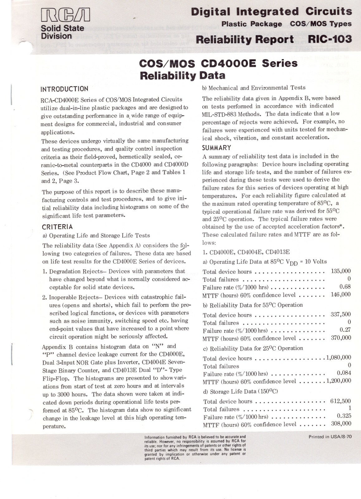 RCA Digital Integrated Circuits COS/MOS CD4000E Series Reliability Data