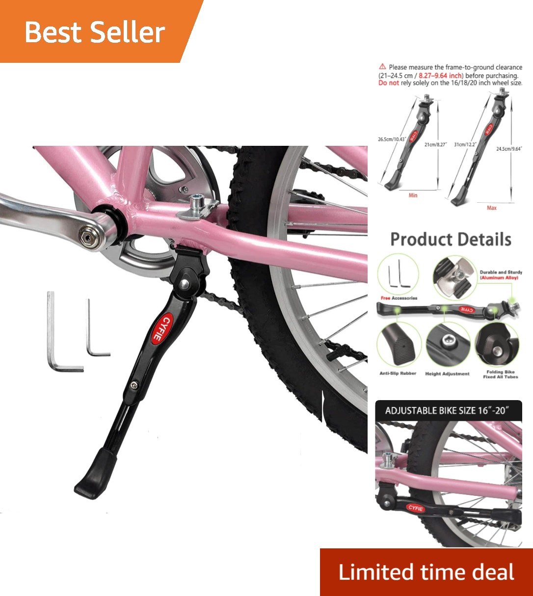 Universal Height Adjustable Bike Kickstand for Kids & Adult Bikes 16-20 Inch