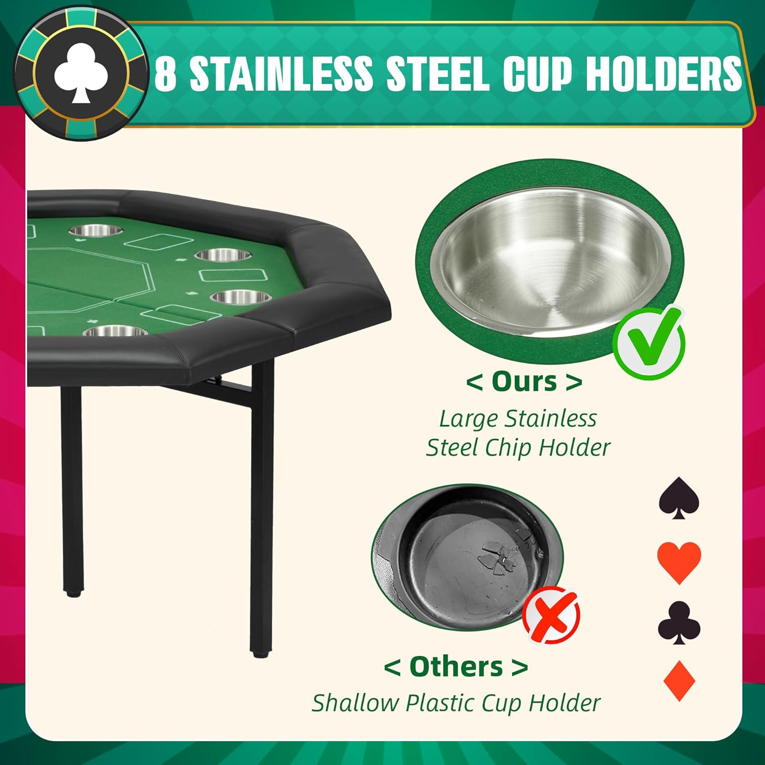 8-Player Poker Table Foldable, Casino Leisure Gaming Table with Padded Rails & S