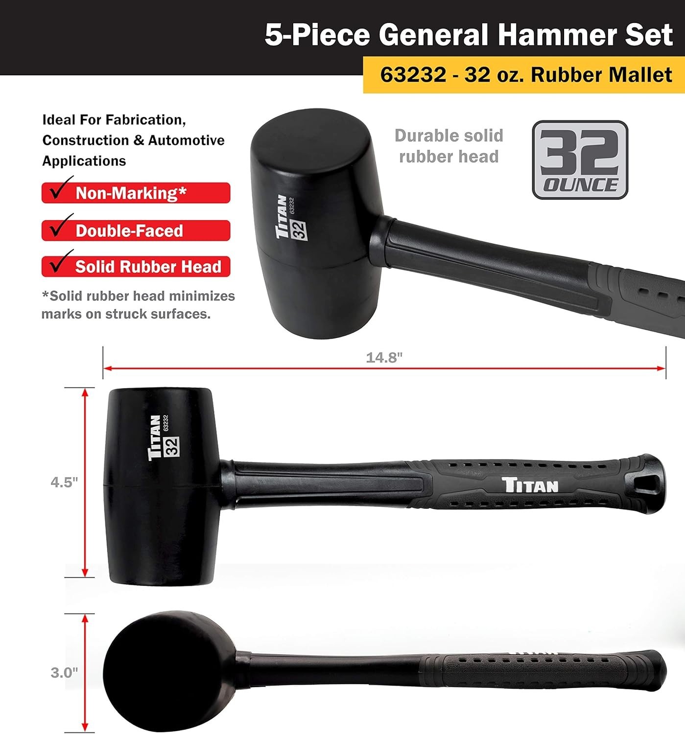 Professional 5-Piece Hammer Set with Rubber Handles