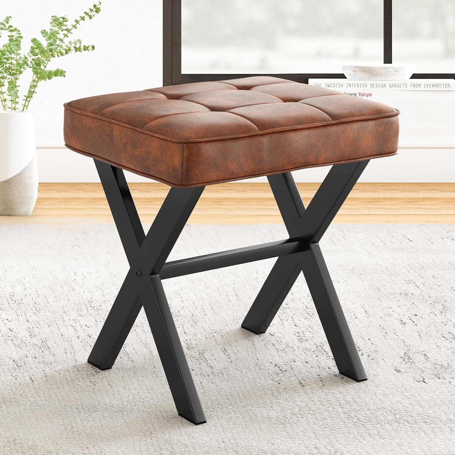 Ottoman Foot Stool Vanity Stool Square Linen X-Leg Foot Rest Ottoman Makeup
