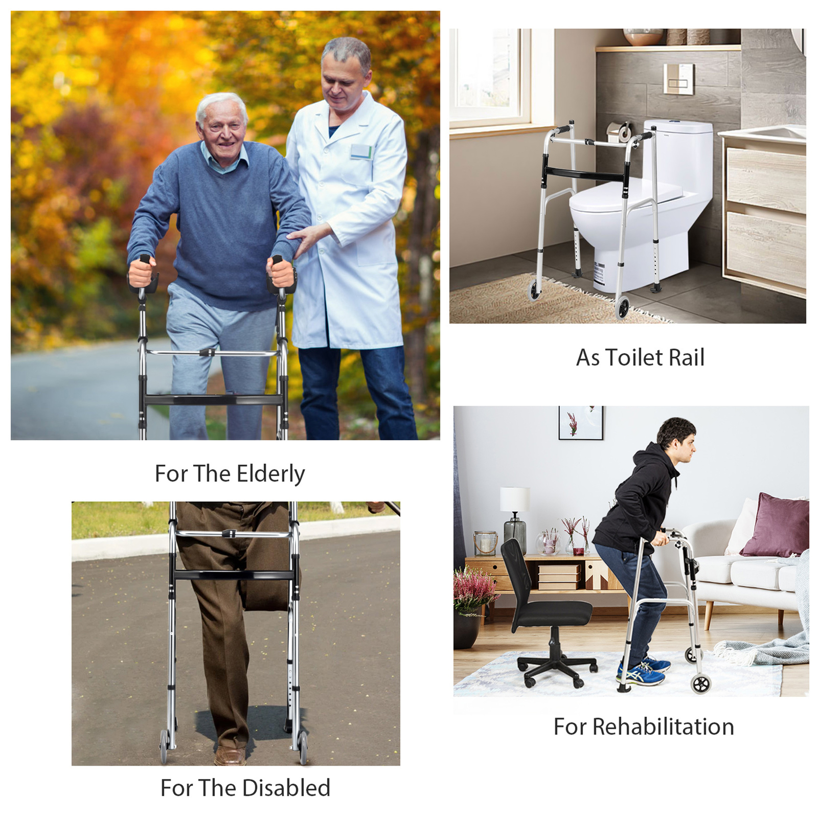 Folding Walker Adjustable Walking Frame Aluminum Walking Aid w/ Wheels Silver
