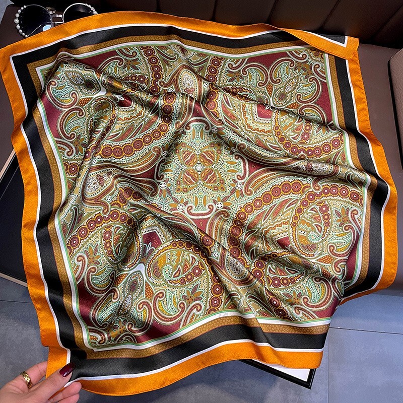 100% Mulberry Silk 27" Square Scarf Women Neckerchief Wrap Green Orange Paisley
