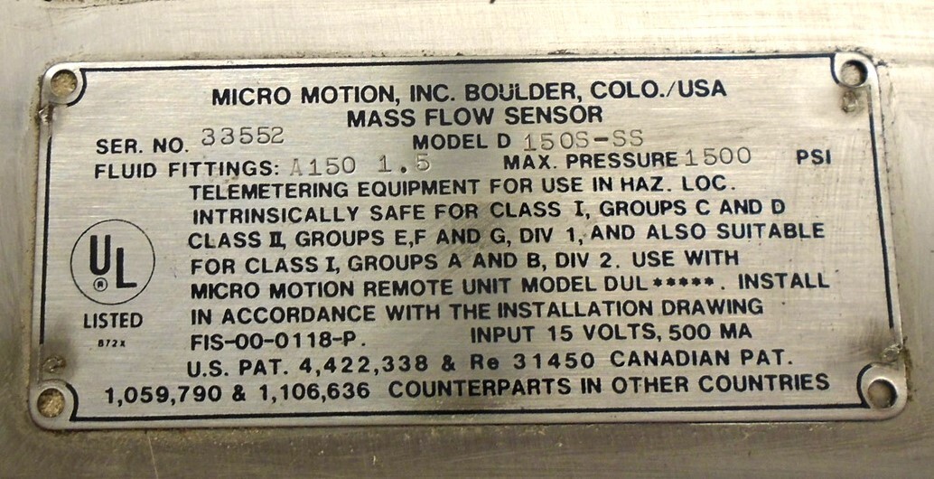 MICRO MOTION Coriolis Flow Sensor DH150S-SS & Mass Flow Meter DUL115-AF 1500psi