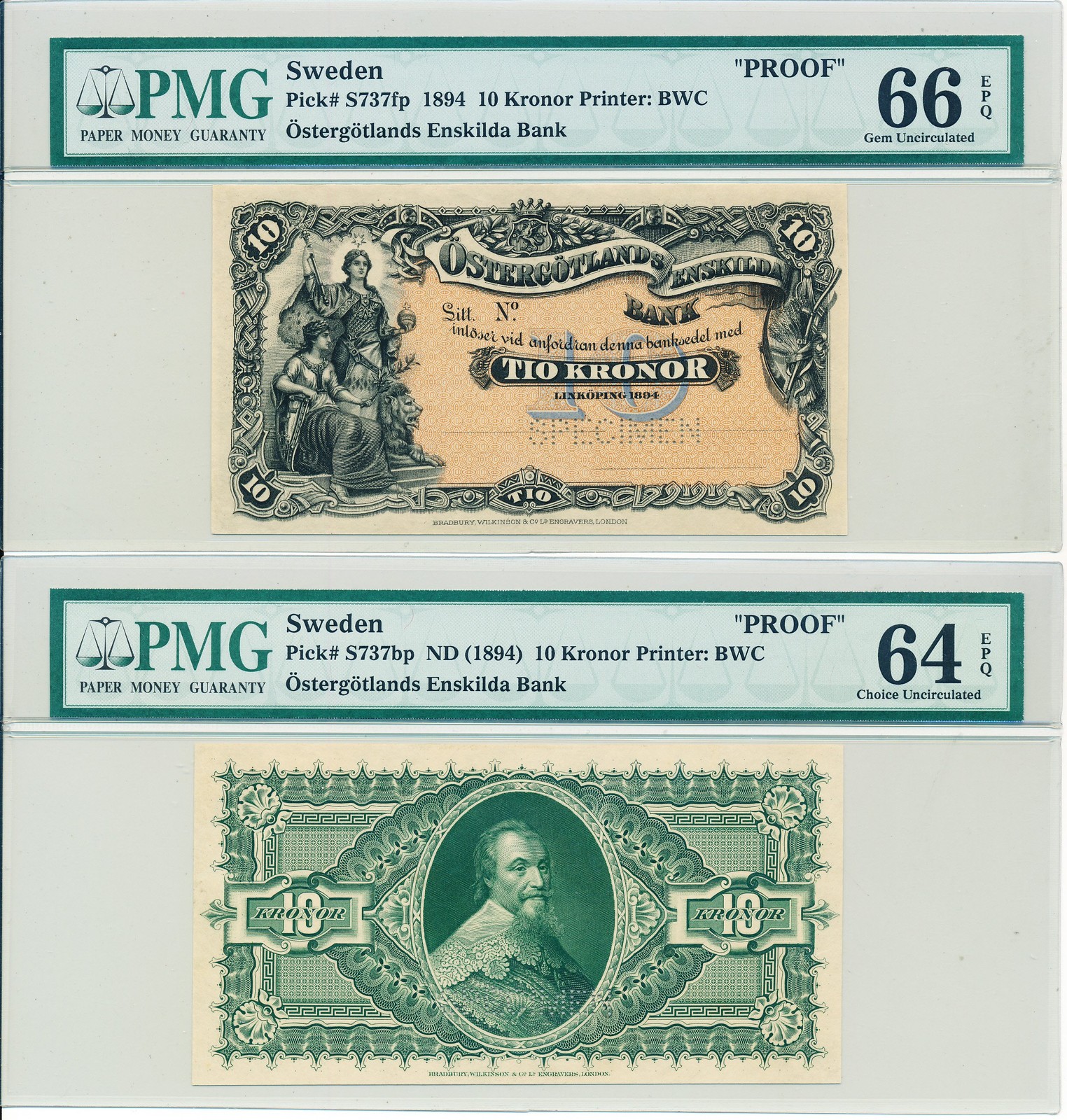 Ostergotlands Enskilda Bank Sweden 10 Kronor 1894 PROOF PMG  66EPQ/64EPQ 2 Pcs