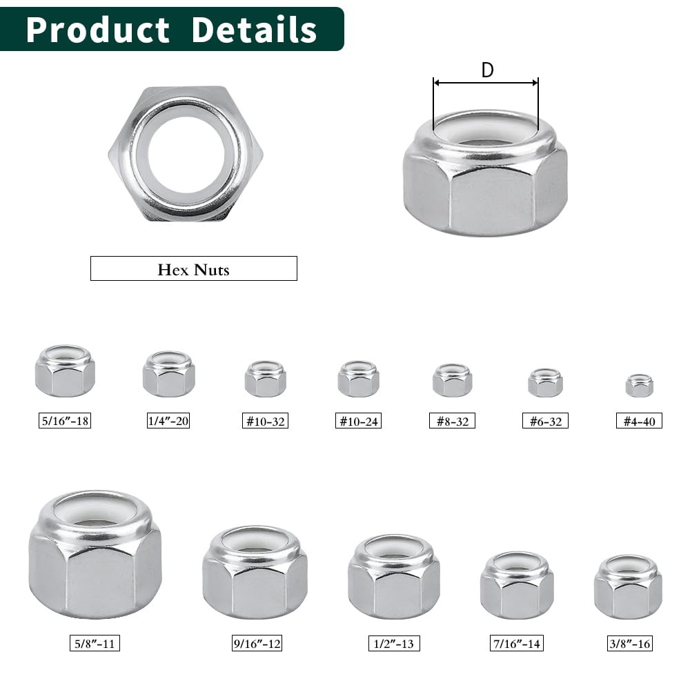#8-32 Nylon Lock Nuts, 304 Stainless Steel (18-8) Hex Insert #8-32, Silver