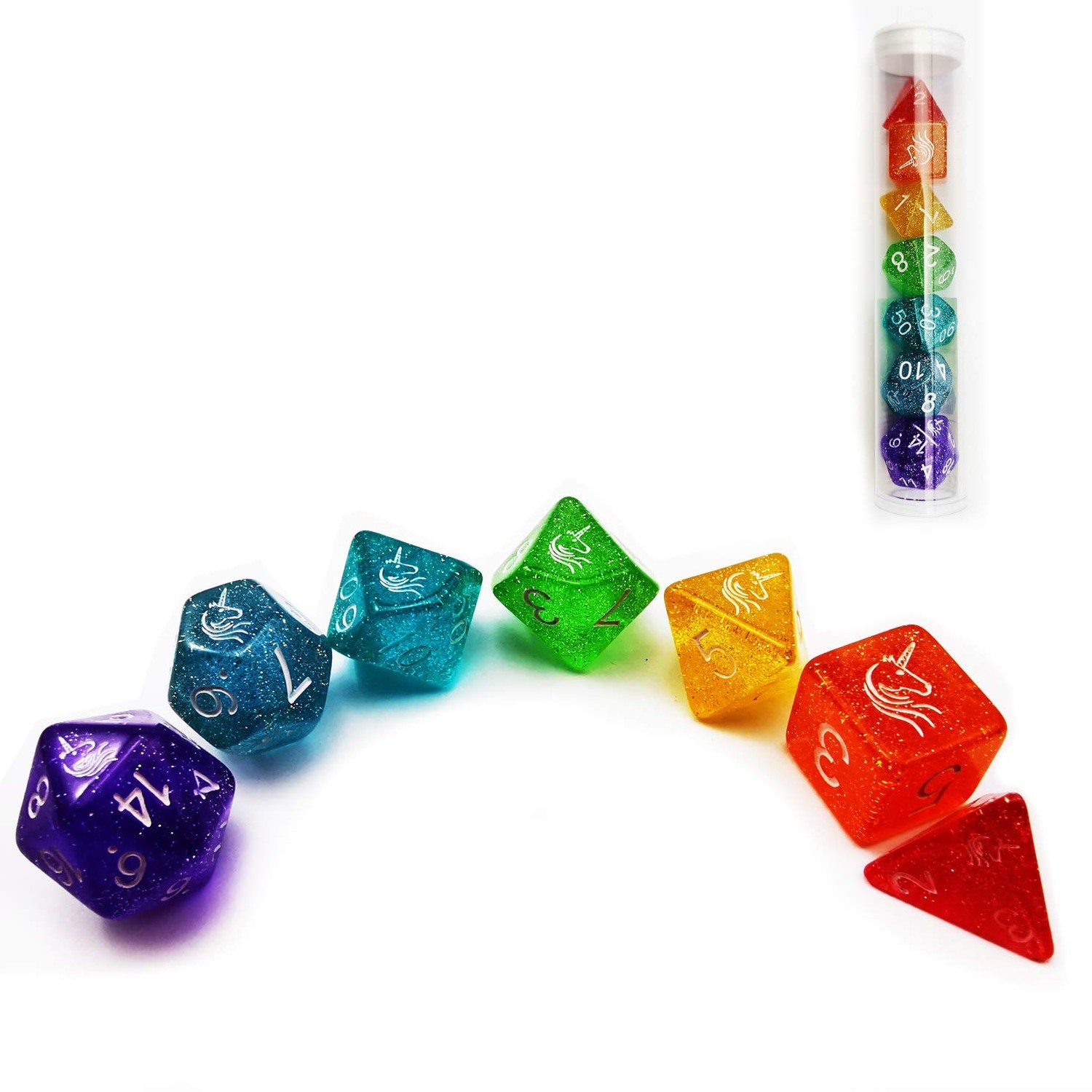 Bescon Colorful Unicorns Rainbow Sparkled Polyhedral D&D Dice Set of 7, RPG D...