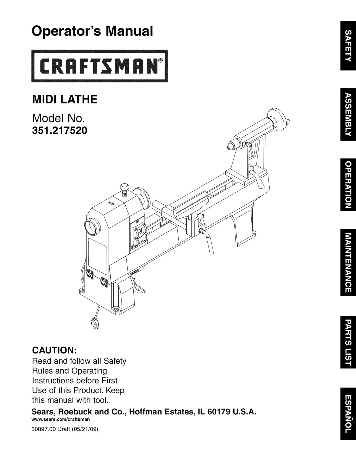 Owners Manual Sears Craftsman Midi Wood Turning Lathe -Model 351.217520