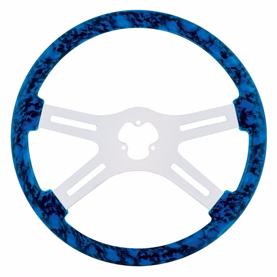 18" Skull Steering Wheel with Hydro-dip Finish Wood and Chrome Spokes - Blue