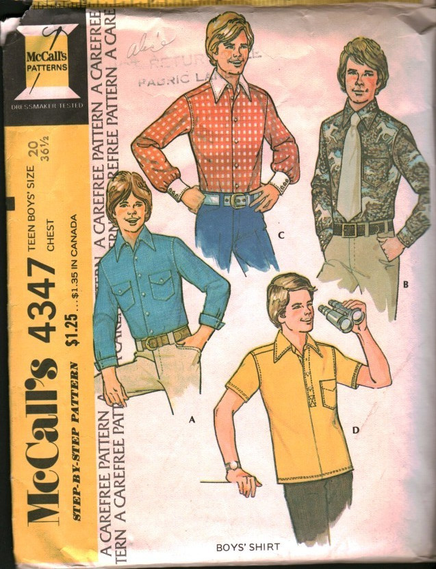4347 Vintage McCalls SEWING Pattern Teen Boys 1970s Button Front Shirt 20 OOP