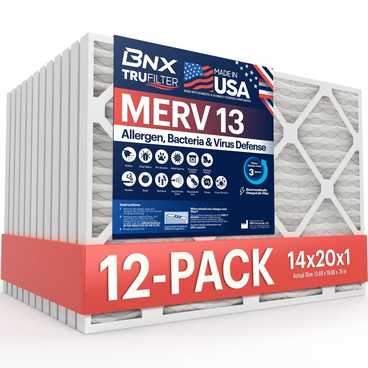 BNX TruFilter 14x20x1 MERV 13 AC Furnace Air Filter 12-Pack USA Made