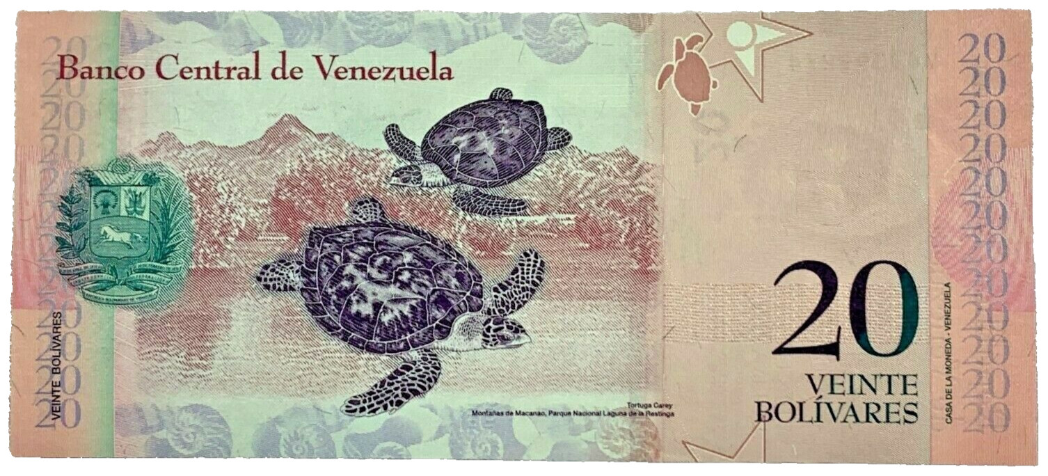 19.8.2014 Venezuela 20 Bolivares Unc Banknote with Hawksbill Sea Turtles-P91g