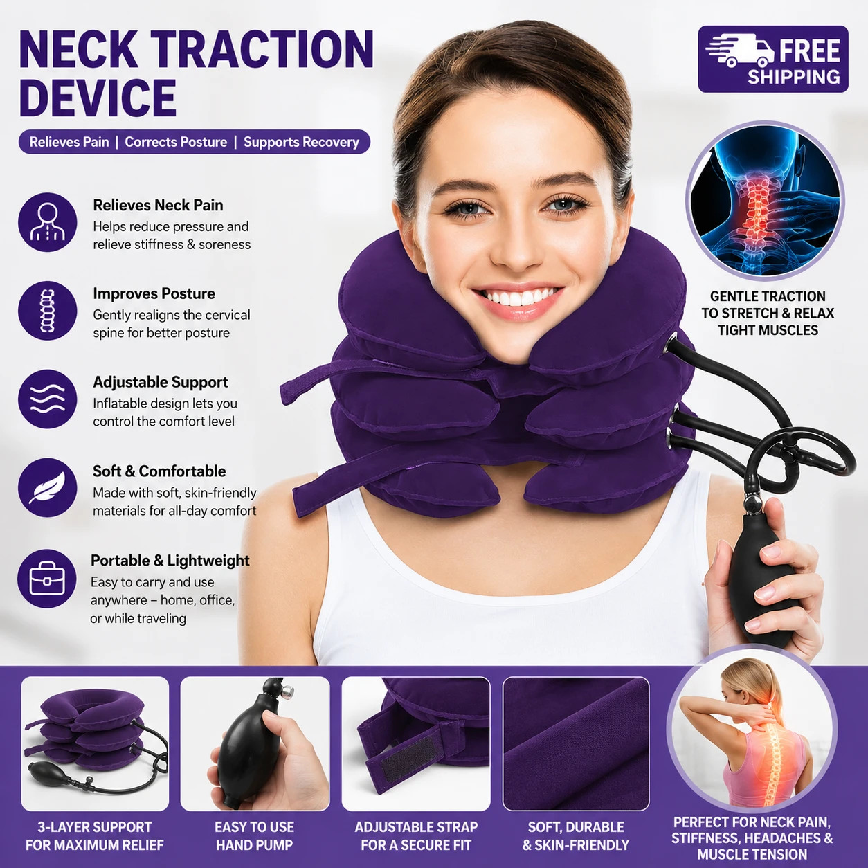Purple Cervical Neck Traction Device Inflatable Neck Pain Relief Support Collar