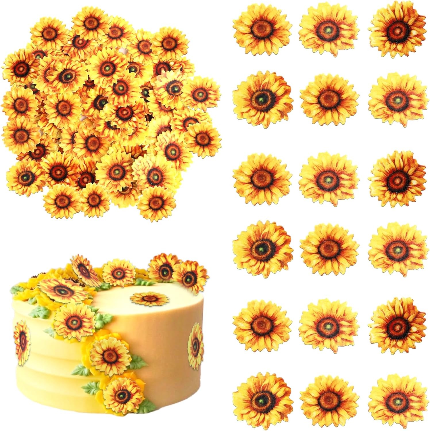 60 PCS Edible Sunflower Cupcake Toppers Edible Flowers Cake Decorations Edible P