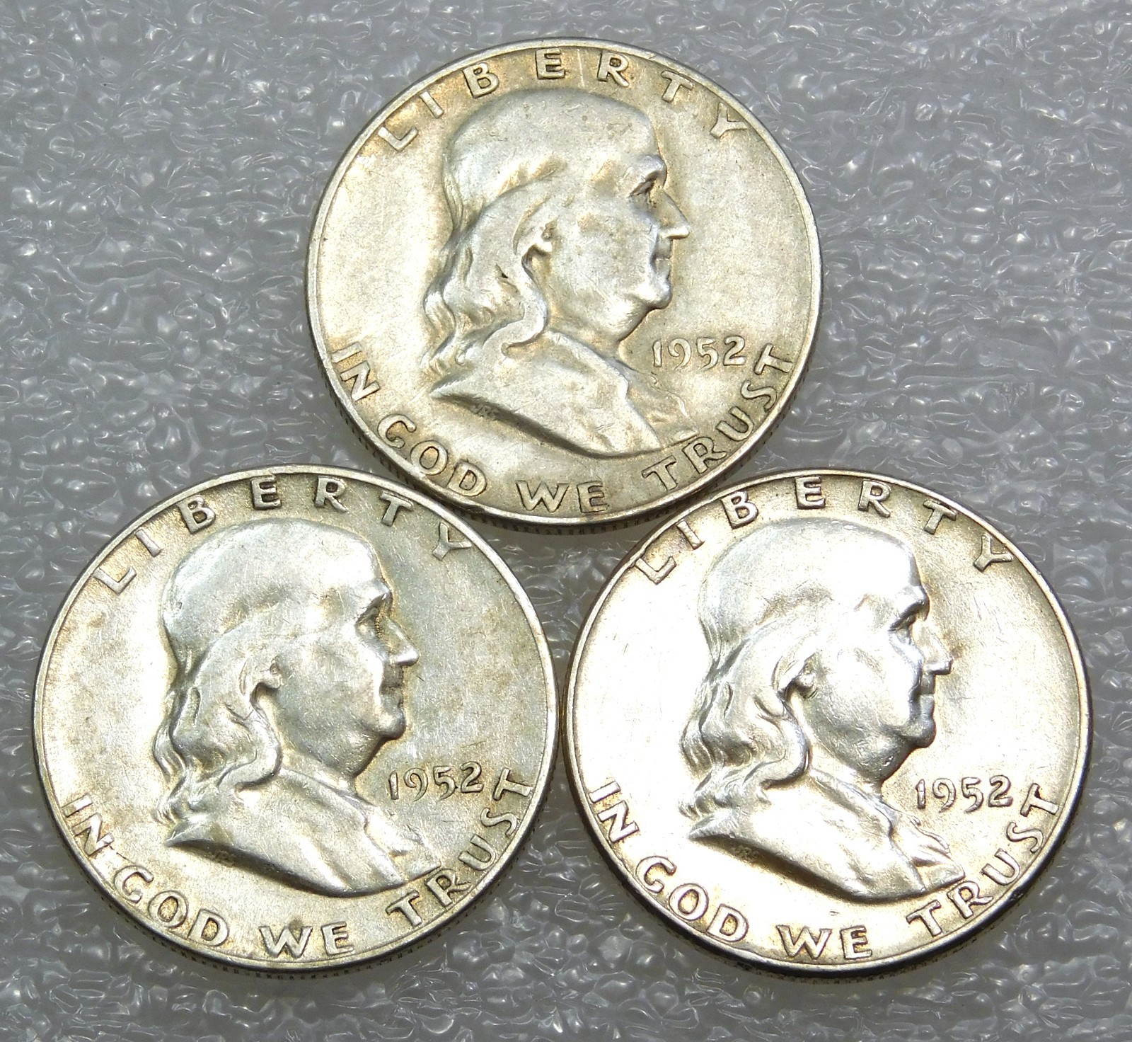 1952 P, D, S Franklin Silver Half Dollar lot of 3 coins in saflip #Q389