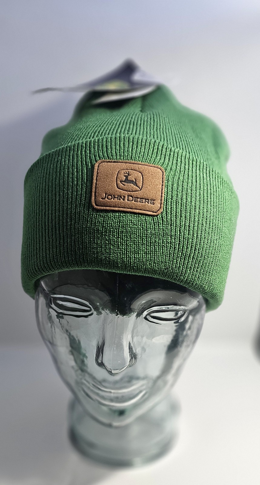 John Deere Green Knit Beanie Hat Cuffed Winter Cap Brown Logo Patch MC13090002GR