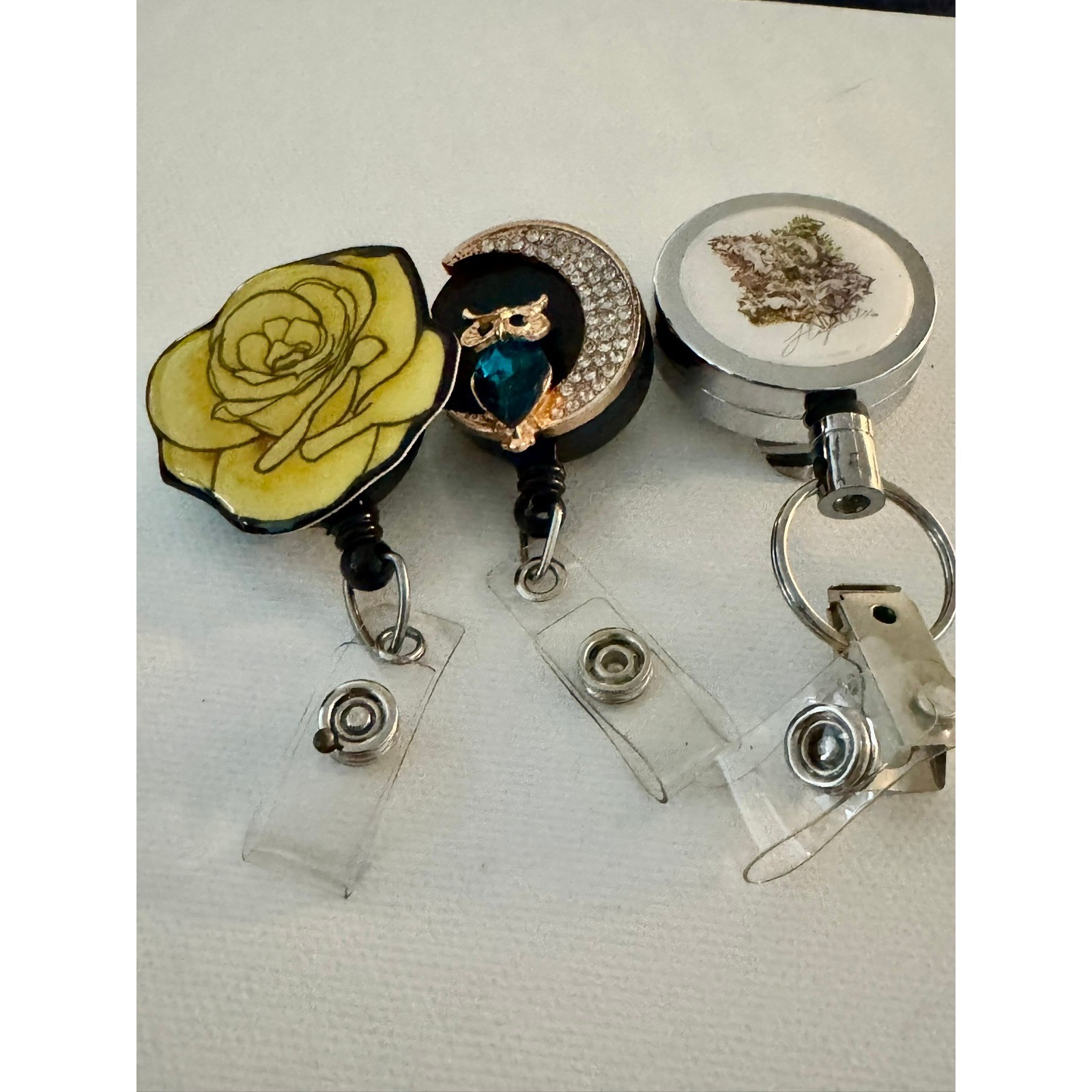 Lot of 3 Retractable Badge Reels Yellow Rose Owl Moon Harry Potter Hogwarts