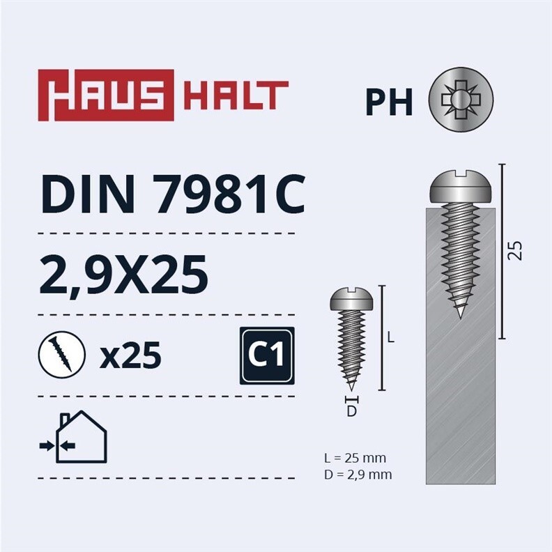 Self-Tapping Screw Haushalt Din7981C, 2.9 Mm X 25 Mm, 25 Pcs.