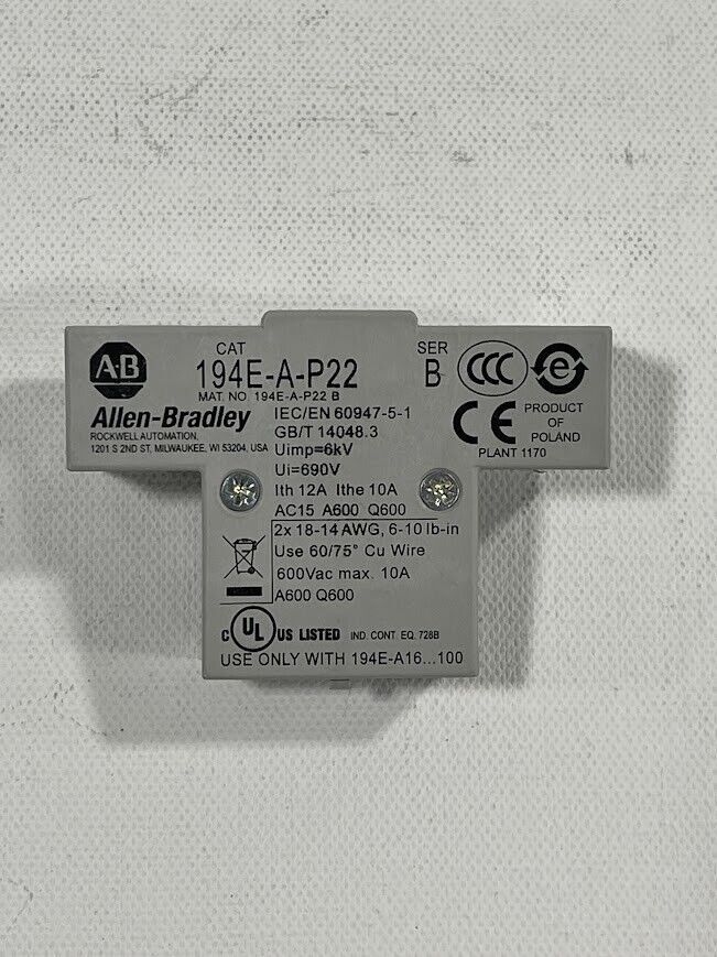 NEW! ALLEN BRADLEY 194E-A-P22  AUXILIARY CONTACT BLOCK  2 NO 2 NC 194EAP22
