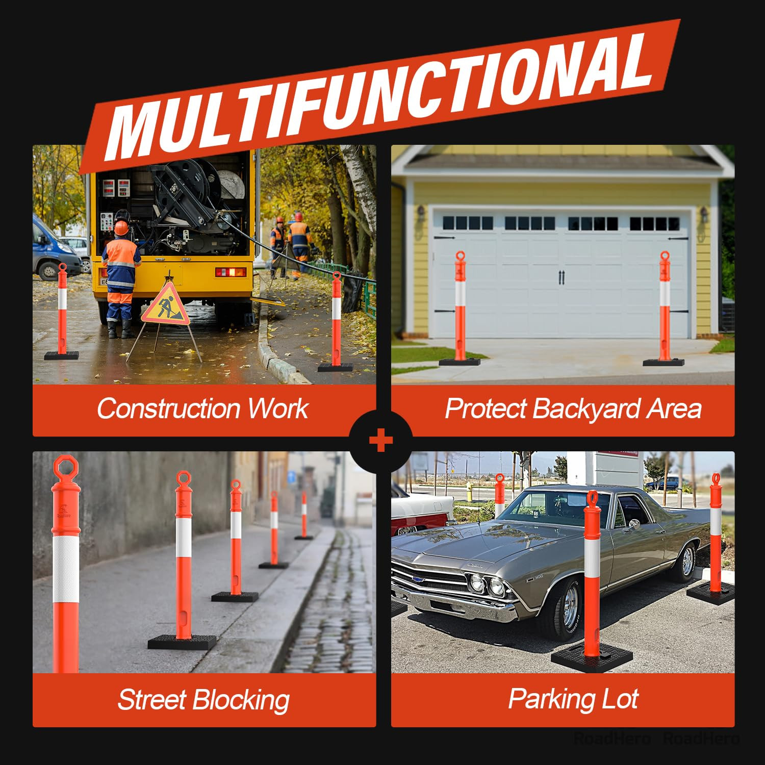 45 Inch Delineator Post with Base, Portable Orange Traffic Delineator Posts Cone
