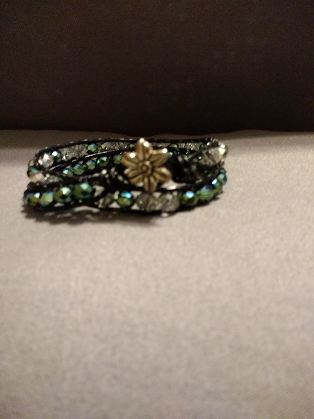 Beaded Leather Wrap Bracelet, Handmade With 6mm Crystal Beads