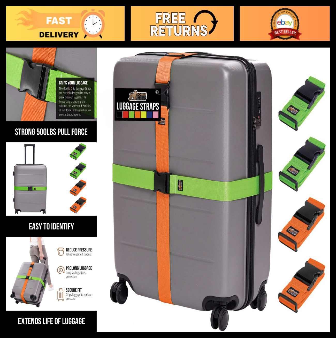 Heavy Duty Adjustable Luggage Straps 4 Pack - Travel Belt Connector for Suitcase
