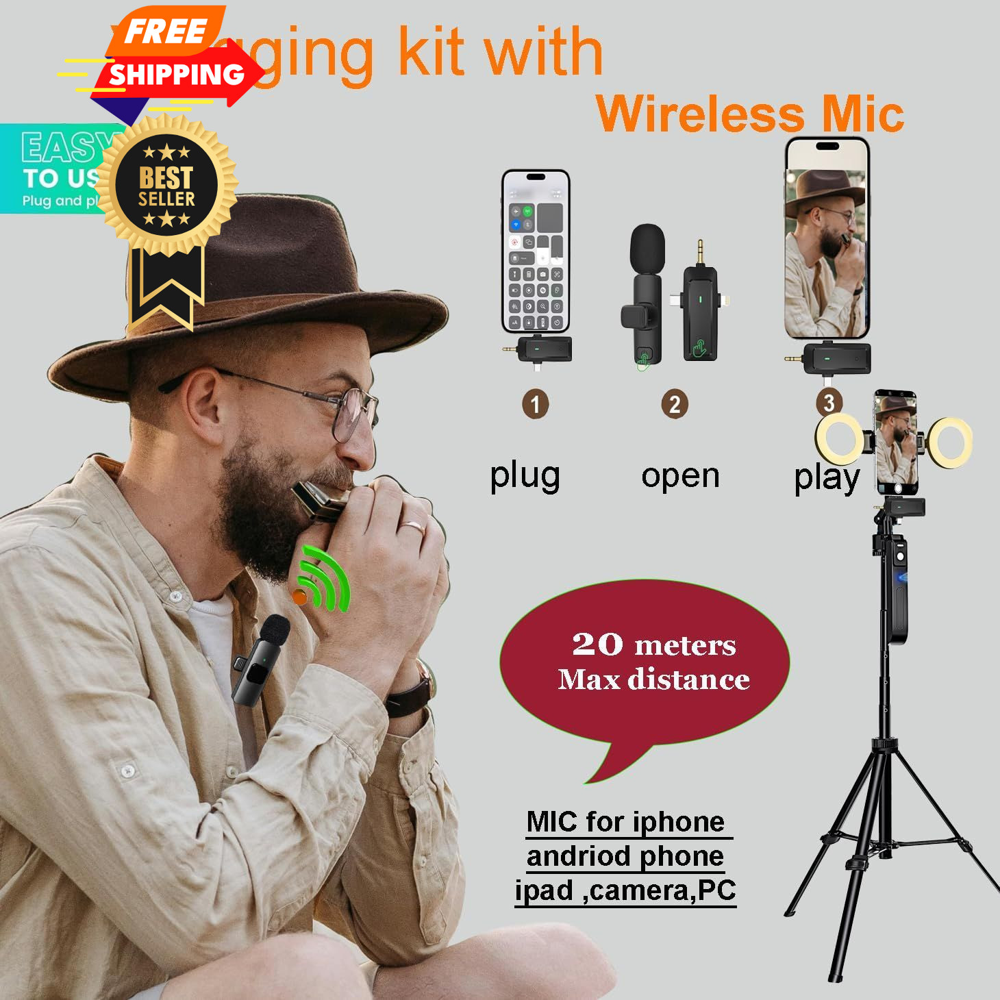 Litchitech Vlogging Kit for iPhone/Andriod,70.9″ Auto Face Tracking Black