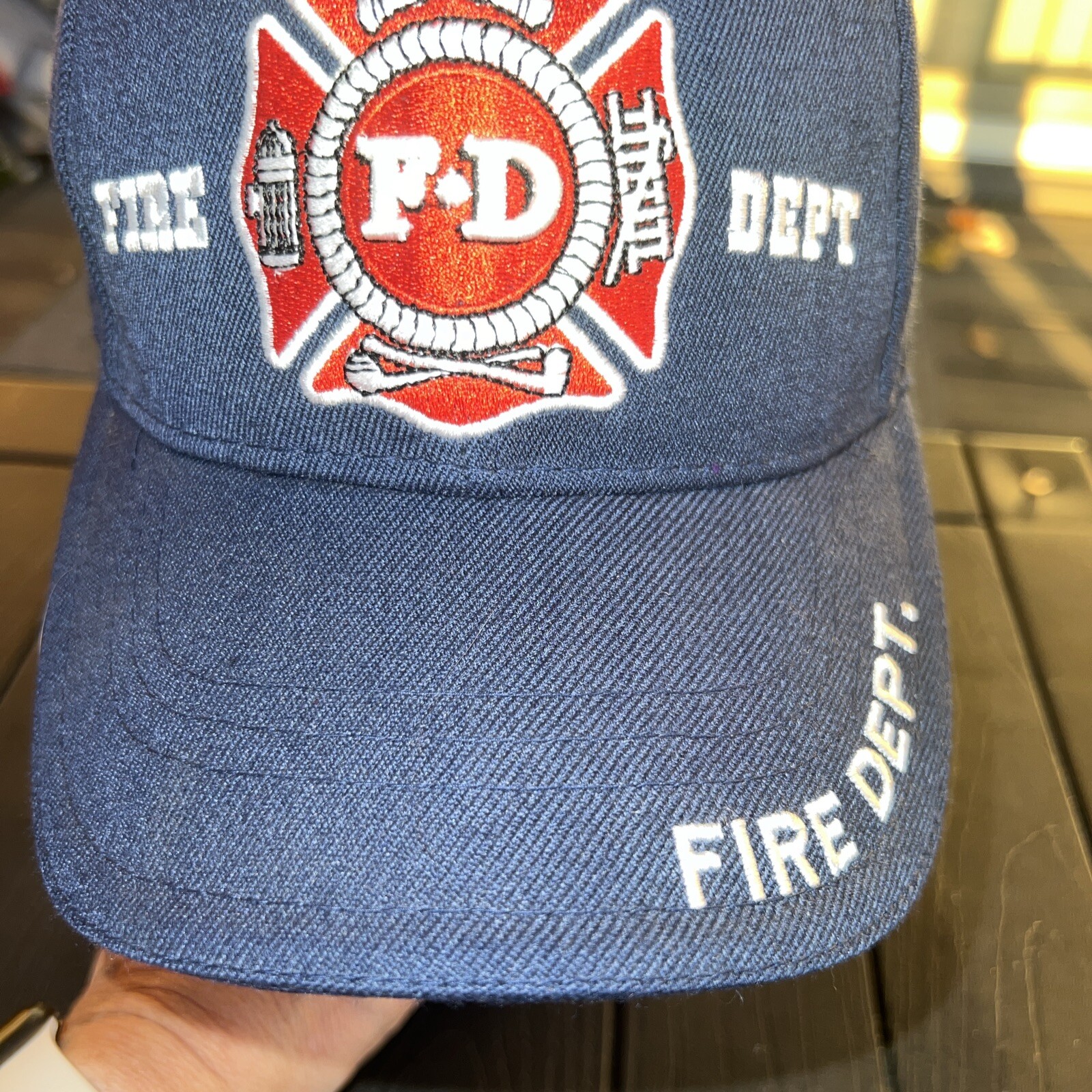FD Fire Dept Red White logo Patch on Navy Hat Cap Hook Loop Fire Dept on Bill