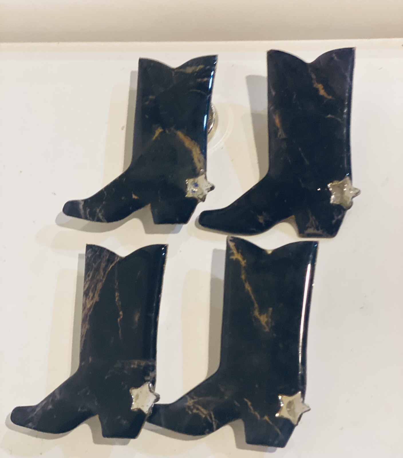 Cowboy Boots Enamel Button Covers Black brown Blend Silver Star Set Of 4
