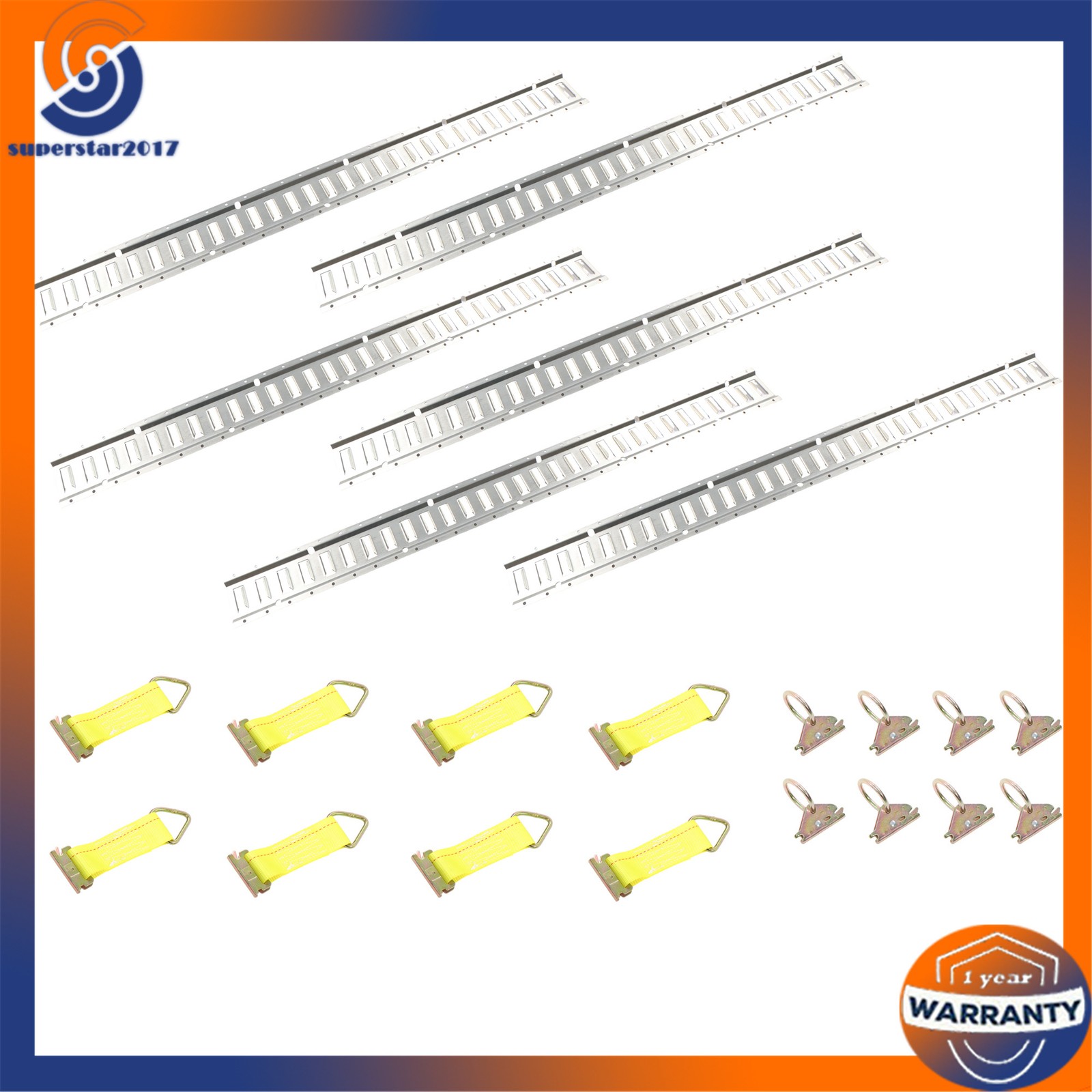 E-Track Tie Down Kit 22PCS 5' Silver Galvanized Rails 8 D Rings 8 Rope Tie Offs