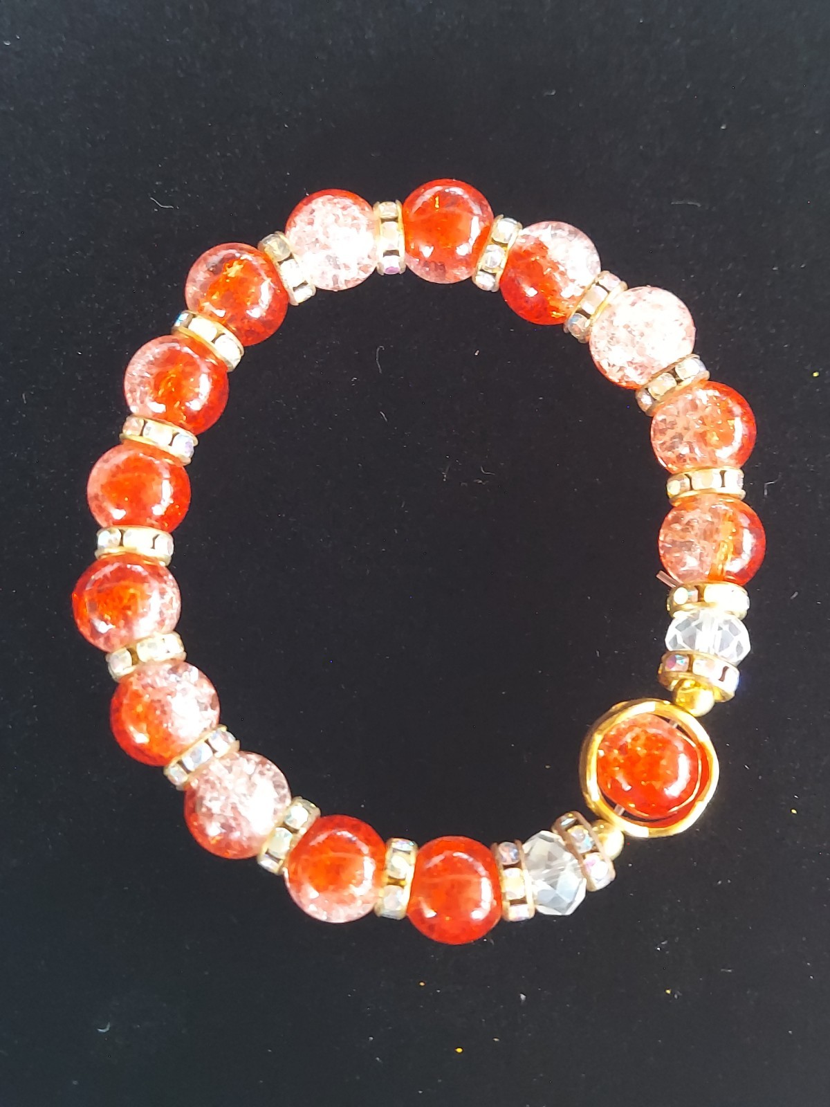Handcrafted Red Crackle Beaded W/crystal Spacers Stretch Bracelet
