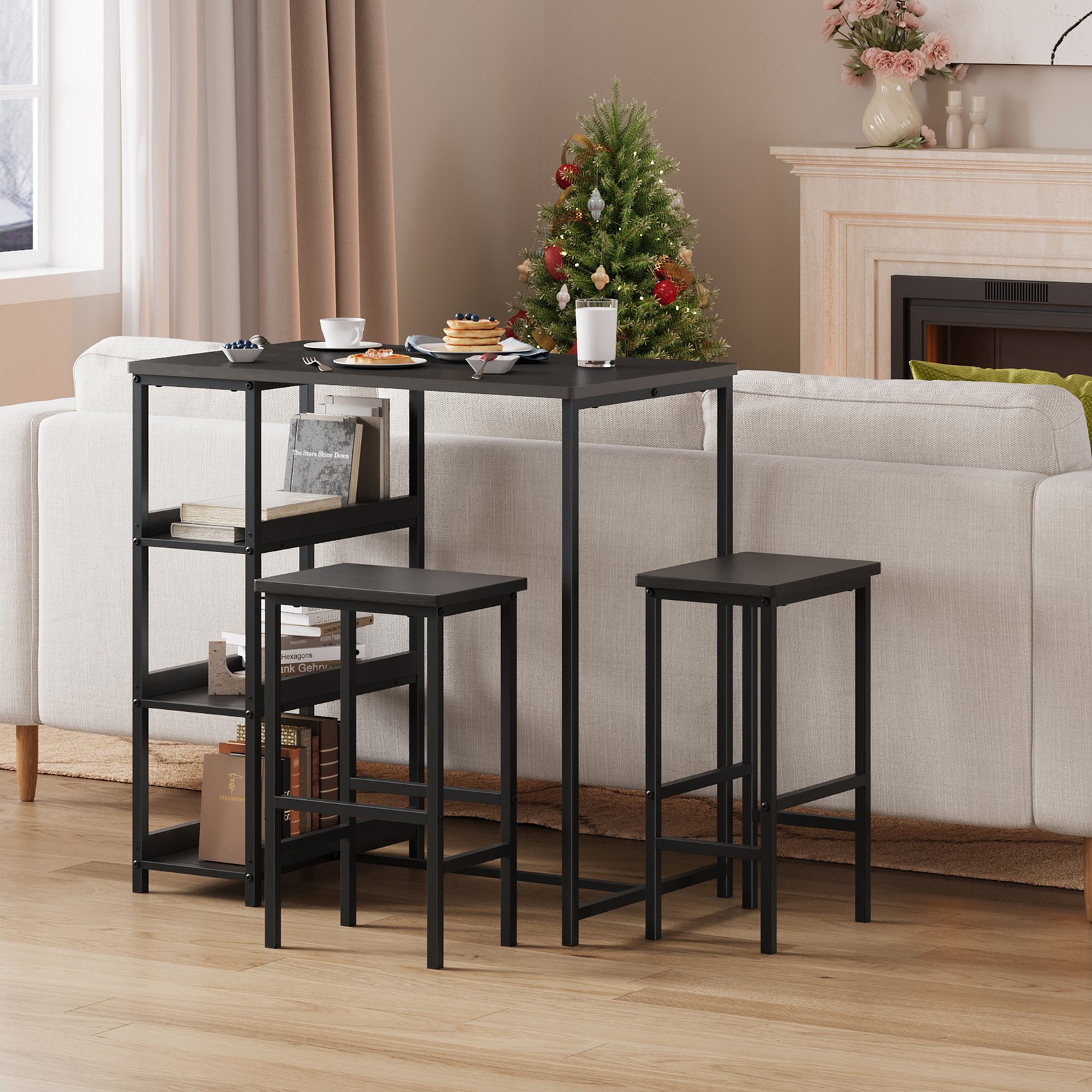36" Dining Table Set for 2, Kitchen Table and 2 Bar Stools with Storage Shelves