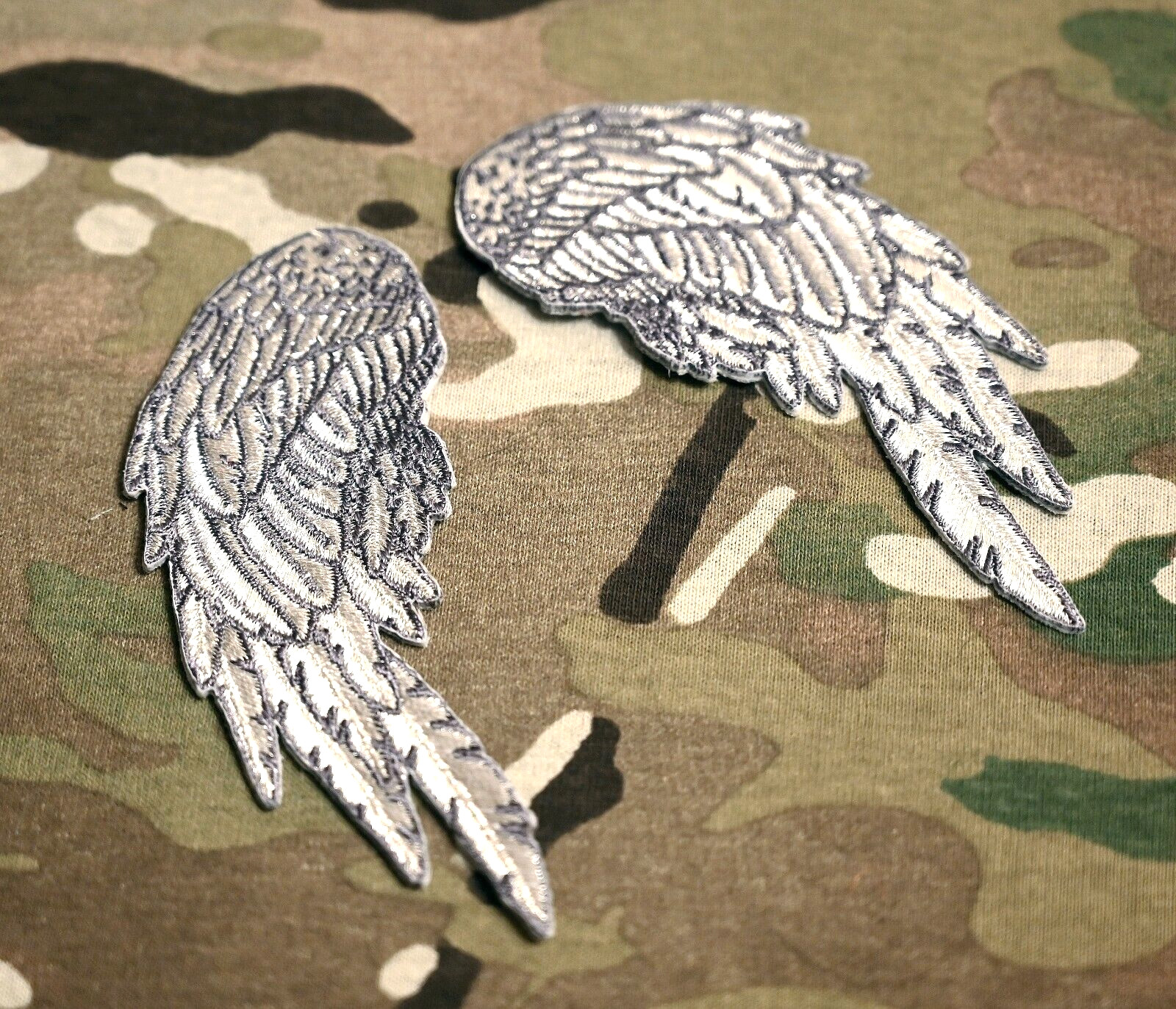 FREEDOM DEFENDER BIKER RIDER iron-on SILVER METALLIC ANGEL WINGS (R+L, 10 cm)