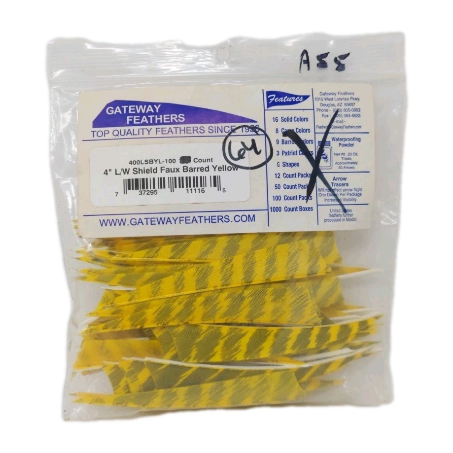 64 Count Gateway Archery Arrow Feathers 4" Left Wing: Shield Faux Barred Yellow