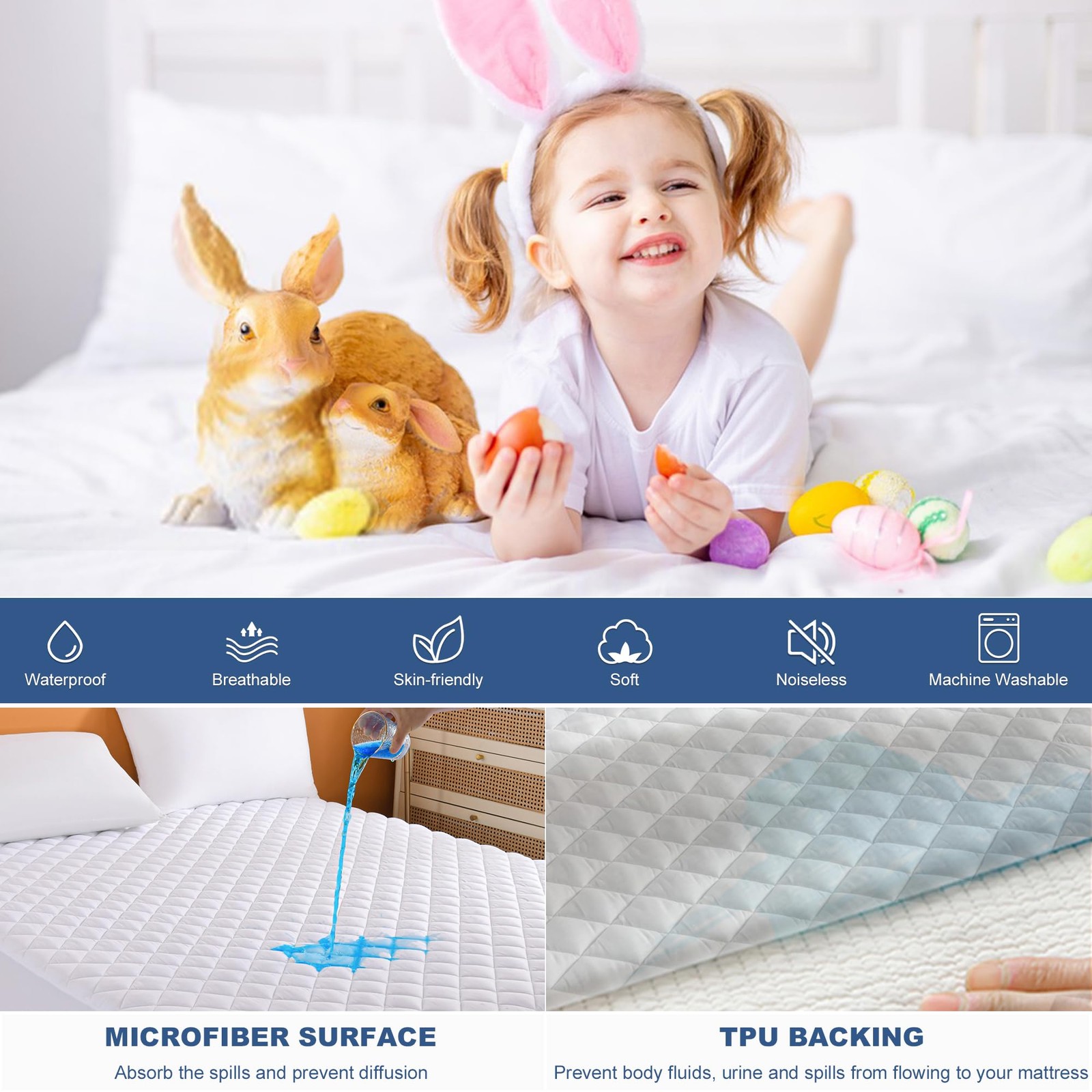 GRT Twin Waterproof Mattress Pad, 100% Quilted Fitted Twin, White