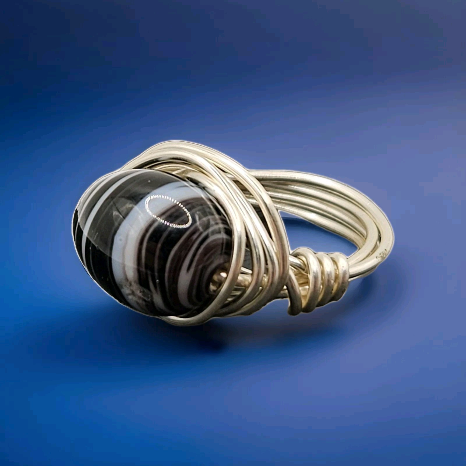 Silver-ToneWire Wrapped Lampwork Black White Glass Bead Ring Handcrafted Size 6