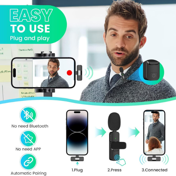 Mini Wireless Microphone for iPhone or Android Cell Phone 2 Lapel Microphones
