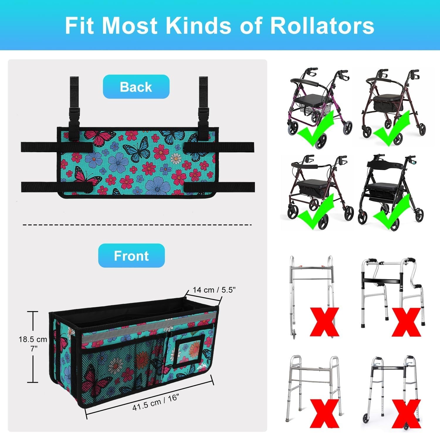 Rollator Basket, Rollator Walker Bag w/Cup Holder, Foldable Rolling Walker Wa...