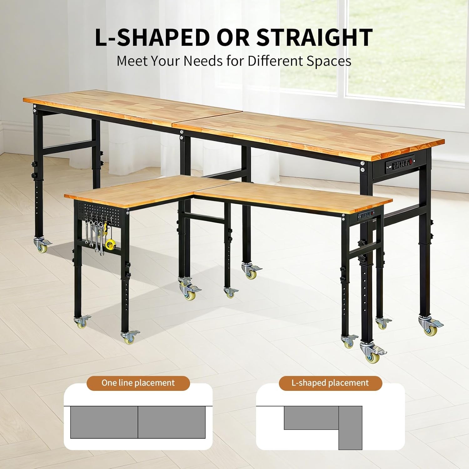 L Shaped Adjustable Workbench with Pegboard Power Outlets Wheels 2000lb Capacity