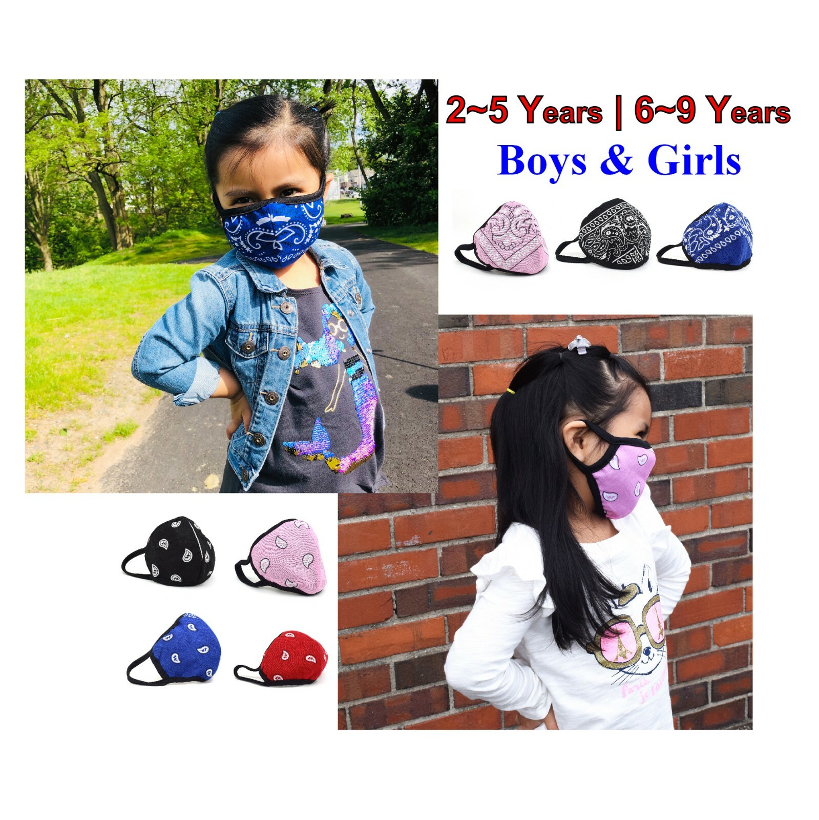 Kids Fashion Face Mask Cover Bandana Washable 2~5 and 6~9 Years Old Hand made