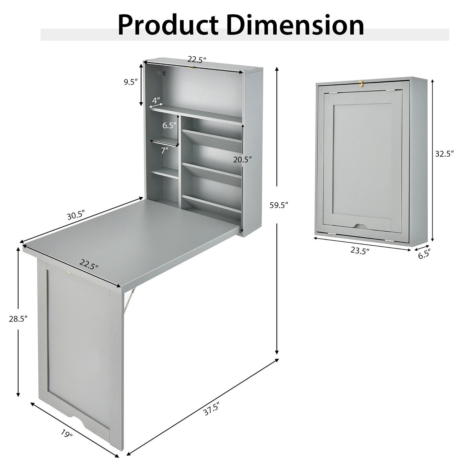 Wall Mounted Computer Convertible Desk Floating Desk w/ Storage Bookcases Grey