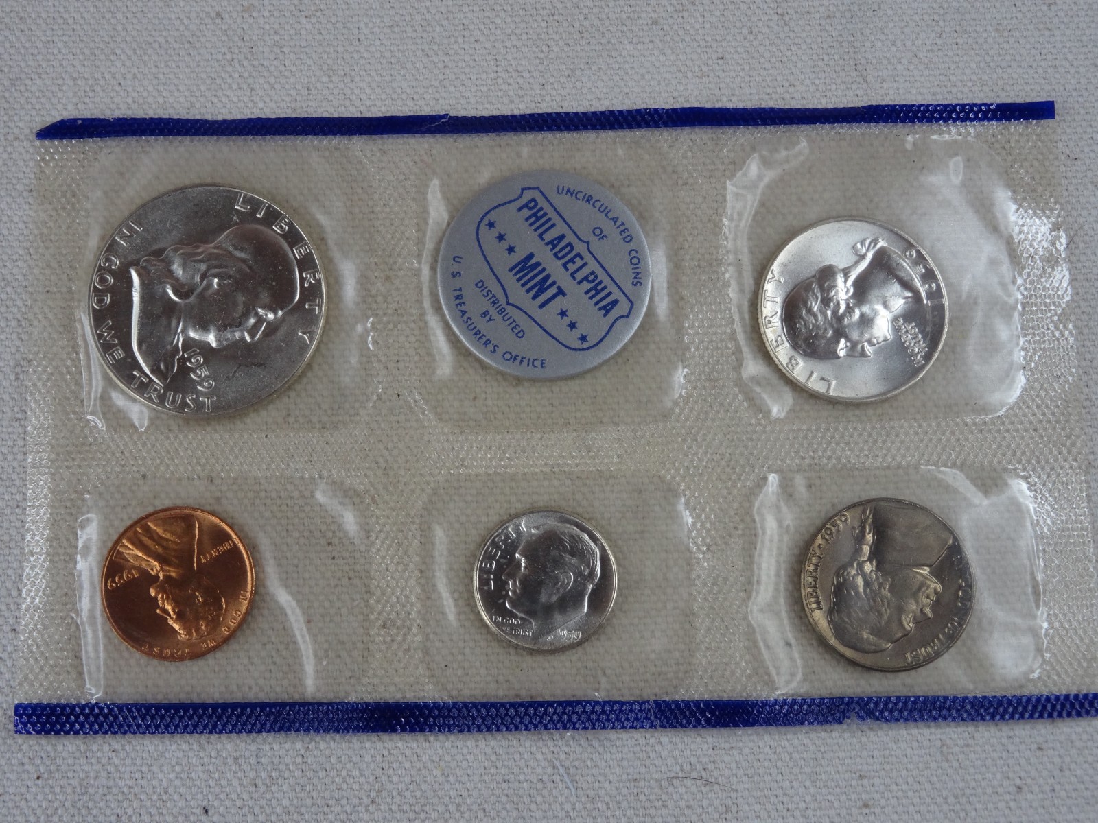1959 US Mint Set Uncirculated 5 Coins Philadelphia Original Cello 90% Silver