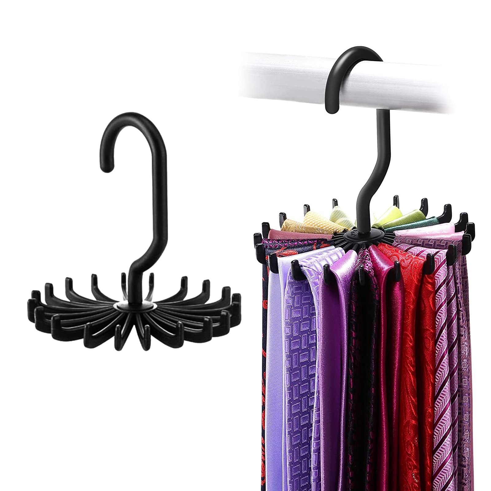 2Pack Circular Tie Hanger Updated Twirl Rack Adjustable Adult, Black