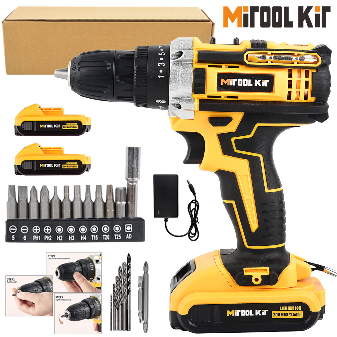 20V Electric Drill Cordless Fast Screwdriver Set Power Tool W/2 Battery&Charger