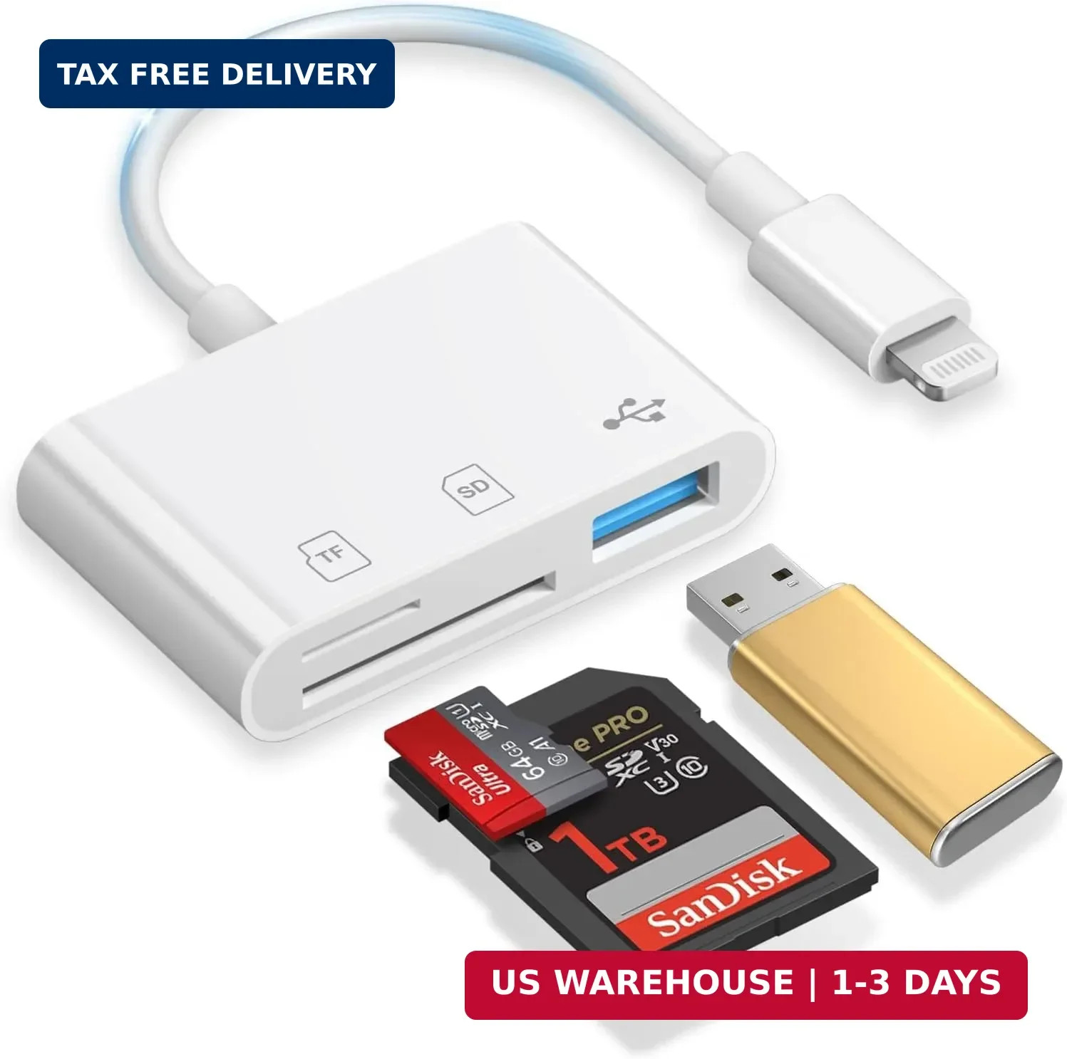 SD Card Reader for iPhone, 3-in-1 Lightning to SD Card Reader Micro SD Digital C