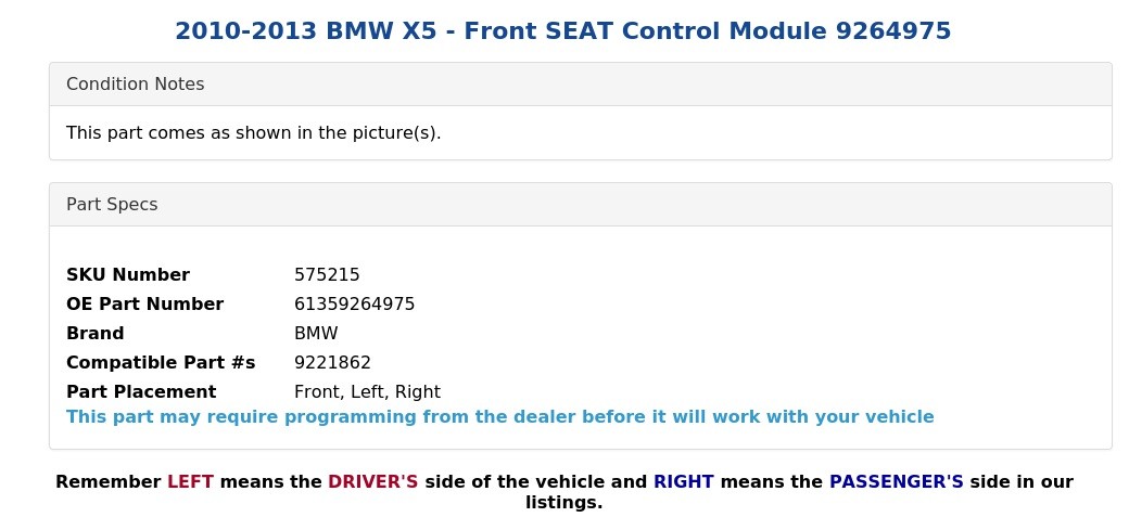 2010-2013 BMW X5 - Front SEAT Control Module 9264975