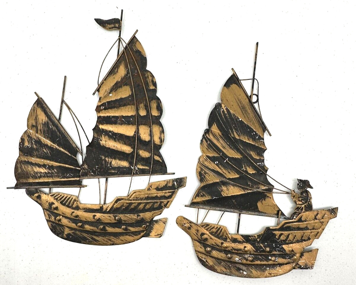 Mid-Century Copper Black Tone Metal Asian Fishing Boats Wall Art Plaque Set