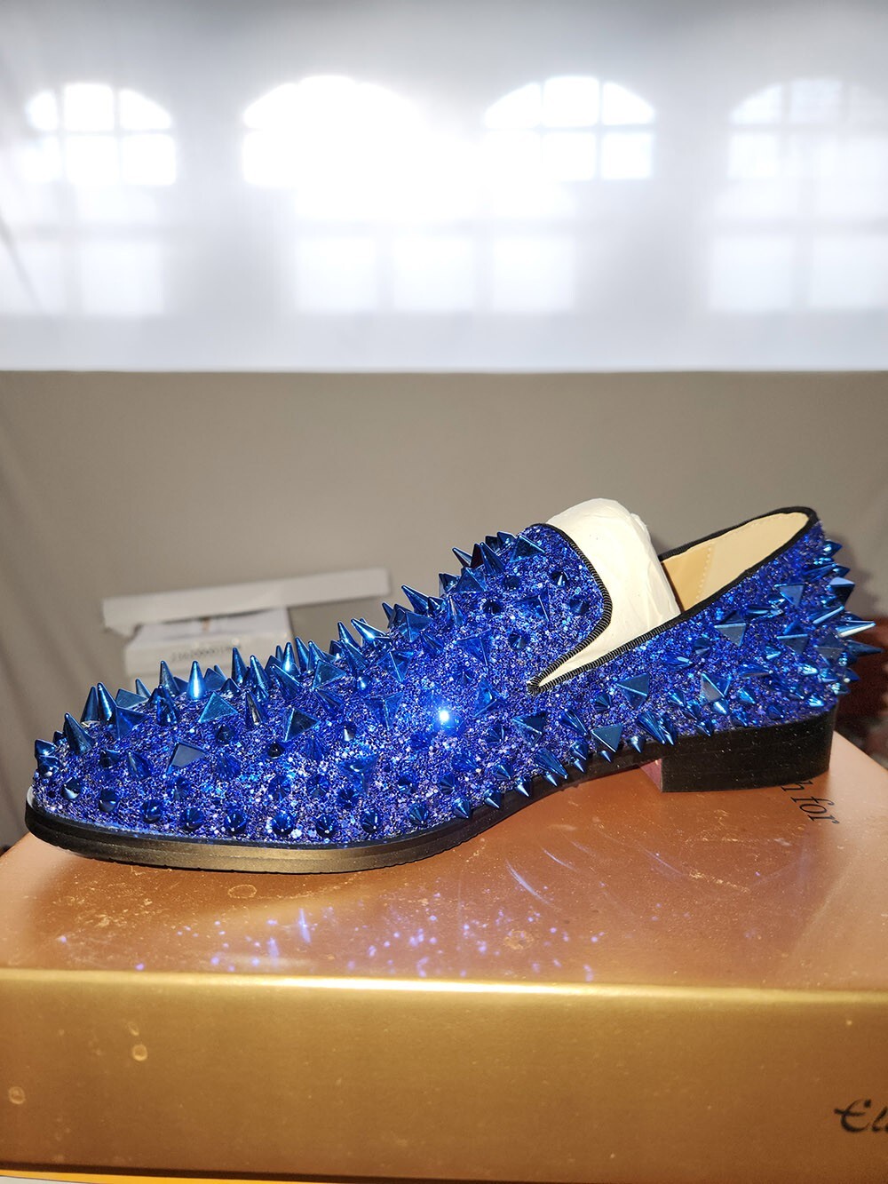 Spike Loafers shoes Glitter Blue Round Toe Prom Party Wedding Shoes New US 7