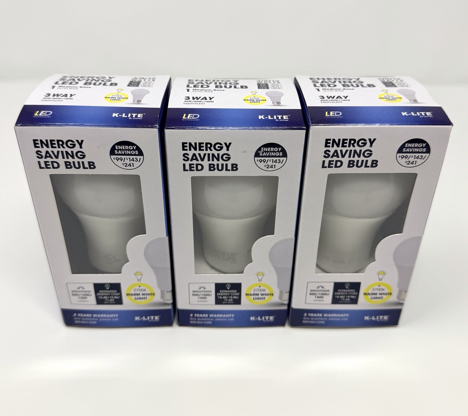 K Lite LED Energy Saving Bulb Lot Of 3 3-Way Soft White 40/60/100 Watt Equiv.